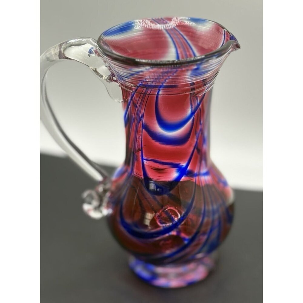 Vintage Art Glass Vase Cobalt Pink Swirl 6.5" Hand Blown Pitcher